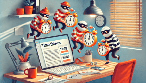 Illustrasjon av humoristiske 'tidstyver' som sneker rundt et kontorbord, bærende på små klokker. Scenen viser et ryddig skrivebord med en laptop, papirer og en kaffekopp, og de tegneserieaktige figurene er kledd i masker og stripete antrekk, som symbol på stjålet tid. Bildet er fargerikt og lekent, og formidler konseptet med effektiv tidsstyring på en kreativ måte. / Foto: AI