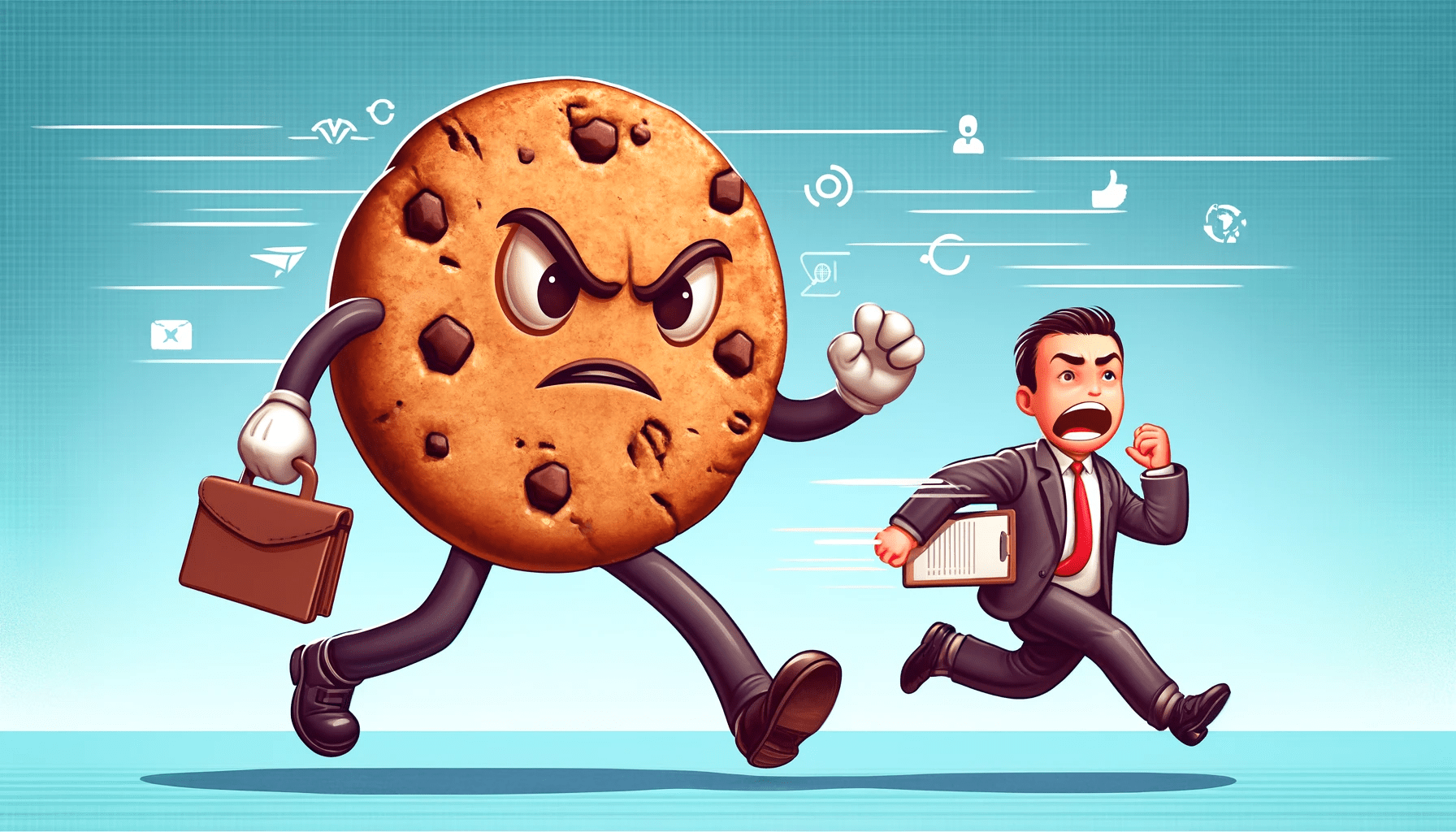 AI generert bilde: A cookie designed as a pushy salesman, running after a reluctant person who clearly doesn't want to engage. The illustration symbolizes how cookies and tracking technologies aggressively push consumers toward purchases.