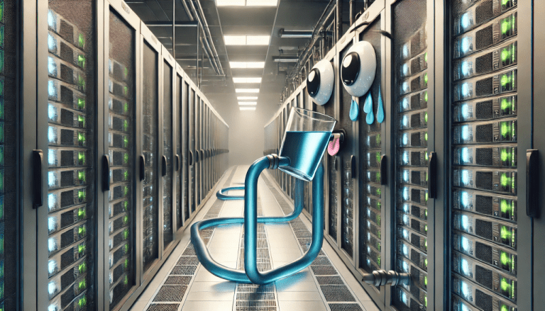 Illustrasjon av et datasenter med serverrack på begge sider. En animert vannslange med glass drikker vann, mens en server med øyne og tårer ser tørst ut – et symbol på vannforbruket i kunstig intelligens og datasentre.
