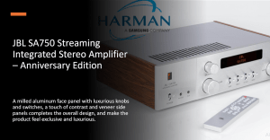 n reklame for JBL SA750 Streaming Integrated Stereo Amplifier – Anniversary Edition. Forsterkeren har et frest aluminiumspanel med luksuriøse knapper og brytere, samt trepaneler på sidene for en eksklusiv design. En JBL-fjernkontroll ligger i forgrunnen, og bakgrunnen viser Harman-logoen med teksten 'A Samsung Company'. Beskrivelsen fremhever forsterkerens eksklusive og luksuriøse følelse.