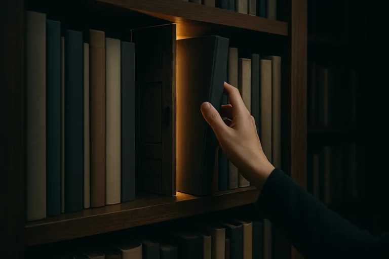En hånd trekker ut en bok fra en bokhylle, og bak boken åpenbares en skjult dør som lyser varmt opp, som en metafor for skjulte muligheter og indre rom.