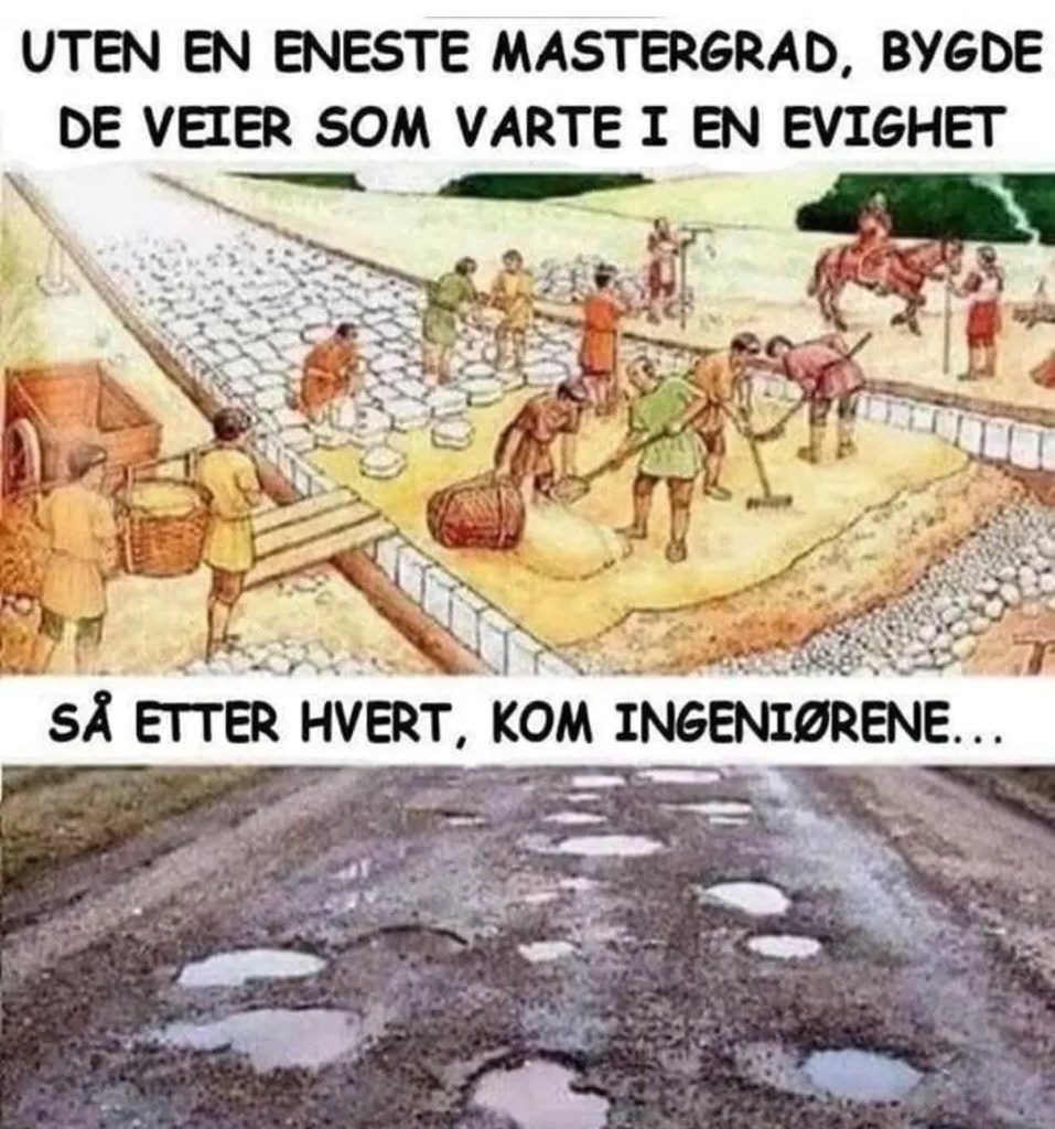 Satirisk bilde i to deler: Øverst ser vi romere bygge solide steinveier uten akademisk utdanning. Nederst vises en moderne vei full av hull, med teksten «Så etter hvert, kom ingeniørene…». Poenget er å ironisere over utdanning og resultat.