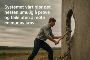 En mann slår hull i en betongmur med en slegge, som symbol på hvordan gründere møter en mur av krav når de vil prøve noe nytt.