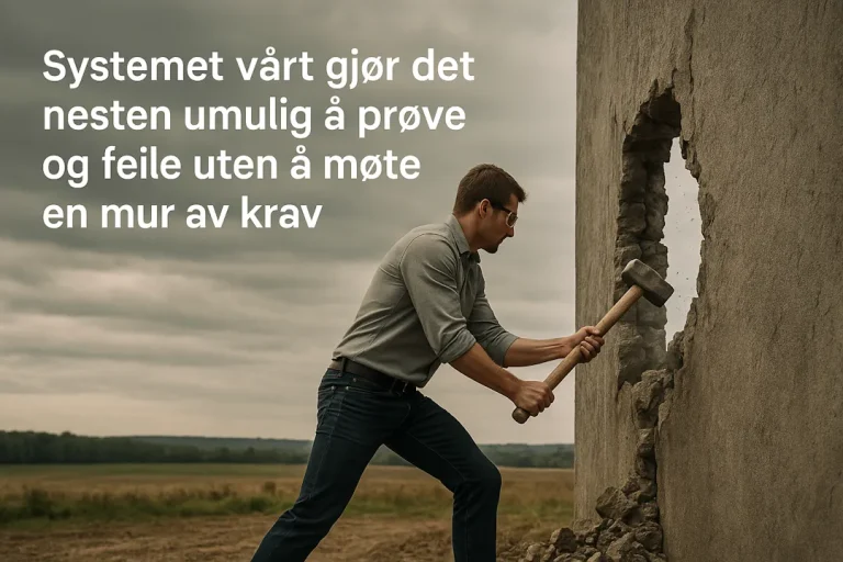 En mann slår hull i en betongmur med en slegge, som symbol på hvordan gründere møter en mur av krav når de vil prøve noe nytt.