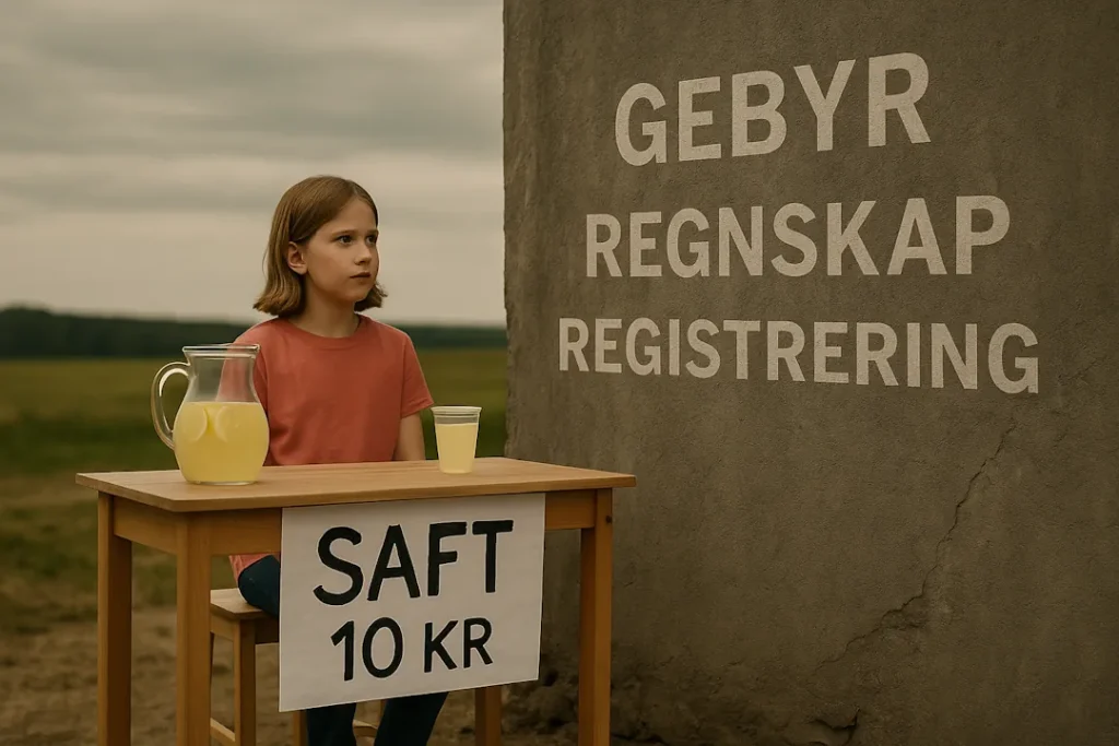 En jente sitter ved en enkel saftbod med skiltet ‘Saft 10 kr’, men foran henne reiser det seg en stor mur med ordene ‘Gebyr, Regnskap, Registrering’ skrevet på – en symbolsk illustrasjon av barrierene gründere møter.