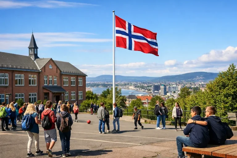 Elever utenfor en norsk skole med norsk flagg, illustrasjon av fellesskolen i Norge og debatten om IB-linjer og integrering.