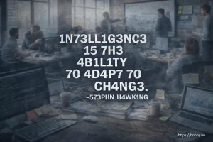 Illustrasjon av sitatet "Intelligence is the ability to adapt to change" skrevet med tall og bokstaver, som viser hvordan hjernen gjenkjenner mønstre og tilpasser seg informasjon.