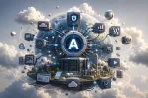Futuristisk illustrasjon av et skybasert teknologiøkosystem hvor en sentral plattform kobler sammen ulike digitale tjenester som sikkerhet, statistikk, skylagring, e-handel og videohosting rundt et WordPress-lignende miljø. Bildet symboliserer hvordan moderne nettsider og tjenester gradvis knyttes til eksterne skyplattformer og digitale økosystemer.