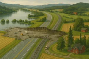 AI-generert illustrasjon av kvikkleireskredet i Levanger i august 2025, som viser hvordan vei og jernbane ble revet bort av raset, med kjøretøy stående igjen i massene og et gårdshus i forgrunnen.