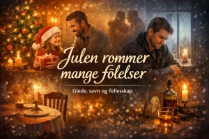 Illustrasjon av julens mange følelser, en familie som deler gaver og varme øyeblikk, parallelt med en ensom person i stillhet, som symboliserer både glede, savn og fellesskap.