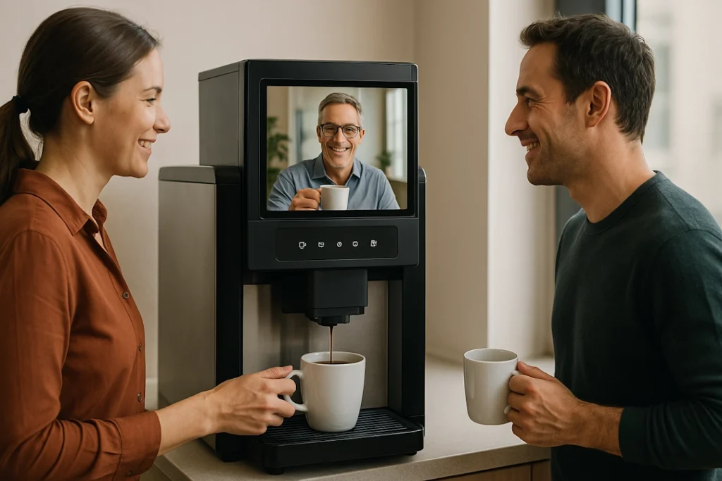 Kolleger snakker ved kaffemaskinen mens en tredje kollega deltar via videoskjerm – illustrasjon av uformell kommunikasjon i hybrid arbeid.