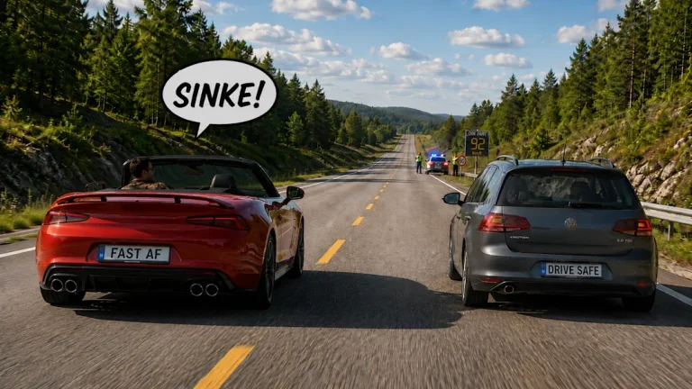 Rød cabriolet kjører forbi en grå bil på en landevei, mens føreren roper «Sinke!» og en fartskontroll med politi er synlig lenger framme på veien.