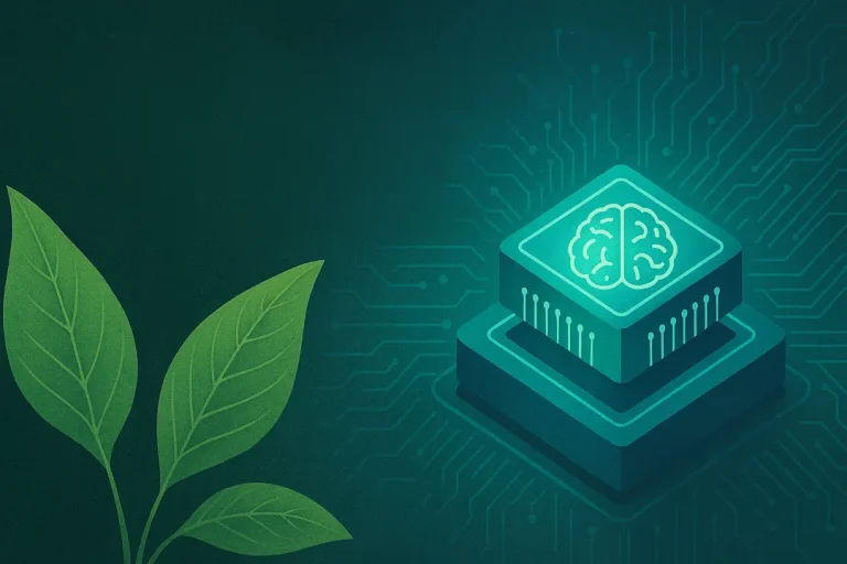 Illustrasjon som viser to grønne blader til venstre og en glødende mikrochip med et hjerneikon til høyre, mot en mørk grønn bakgrunn med subtile kretsmønstre – et visuelt symbol på bærekraftig kunstig intelligens.