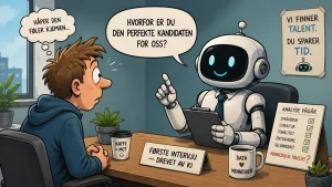 Karikaturtegning i 16:9-format av en nervøs jobbsøker som sitter i jobbintervju med en smilende robot. Roboten holder et nettbrett og analyserer kandidaten, mens plakater og tekstbobler i rommet spiller humoristisk på kunstig intelligens, personlighet og rekruttering. Illustrasjonen setter fokus på hvordan KI brukes i ansettelsesprosesser og kontrasten mellom menneskelige egenskaper og algoritmer.