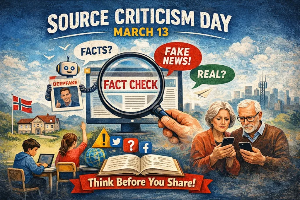 Illustration in 16:9 format showing “Source Criticism Day – March 13” with a large magnifying glass over the words “Fact Check” on a computer screen. Around it are speech bubbles saying “Facts?”, “Fake News!” and “Real?”, a robot holding a deepfake image, school children using laptops, an older couple looking at smartphones, social media icons, and the message “Think Before You Share!” at the bottom.