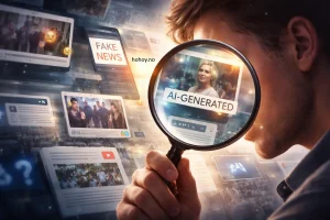 Person som holder et forstørrelsesglass foran en skjerm med digitalt innhold, illustrasjon av AI-generert informasjon og utfordringer med kildekritikk i sosiale medier.