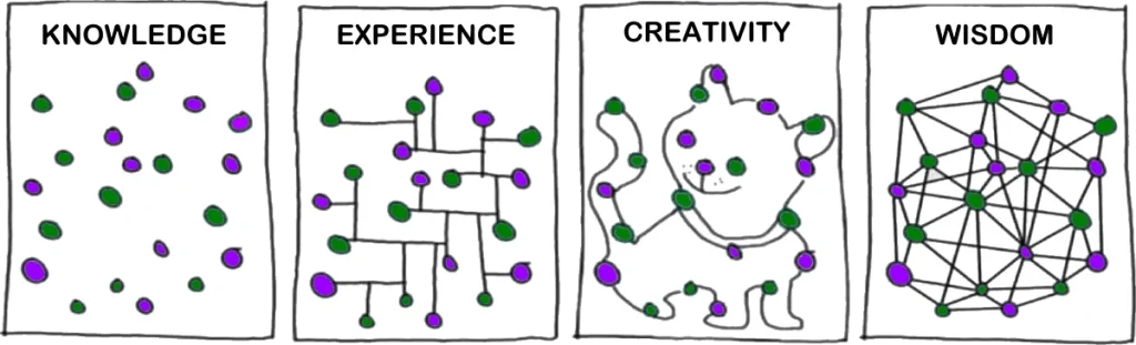 A hand-drawn illustration in four panels labeled Knowledge, Experience, Creativity, and Wisdom. Each panel shows green and purple dots representing pieces of information. In 'Knowledge', the dots are scattered. In 'Experience', some are connected with straight lines. In 'Creativity', the connections form a playful cat shape. In 'Wisdom', all dots are intricately connected, forming a complex network.