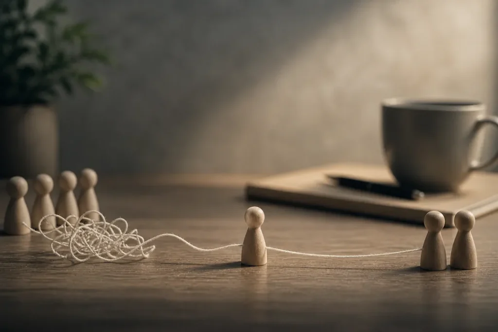 Små trefigurer står på et bord, koblet sammen med en tråd der den ene siden er ryddig og stram, mens den andre er flokete og uorganisert, som en illustrasjon på tydelig og uklar kommunikasjon.