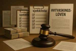 En trehammer og en stabel dokumenter med papirer og skjemaer ligger på et bord, som en visuell metafor for byråkrati, kontroll og regulering.