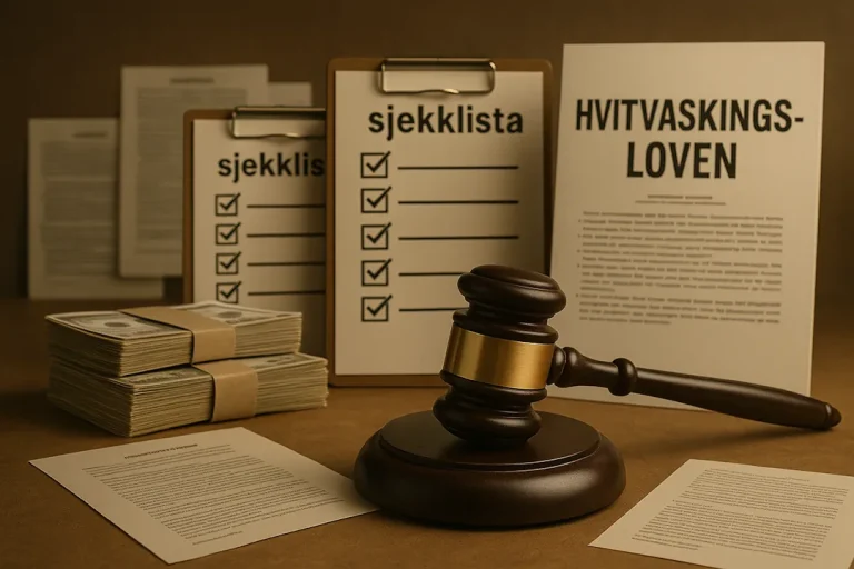 En trehammer og en stabel dokumenter med papirer og skjemaer ligger på et bord, som en visuell metafor for byråkrati, kontroll og regulering.