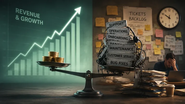 Illustrasjon av en vektskål som balanserer høy omsetning og vekst mot skjulte kostnader som support, drift, onboarding og feilretting. Bildet symboliserer hvordan produkter kan se lønnsomme ut på papiret, samtidig som de skaper stor intern belastning i organisasjonen.
