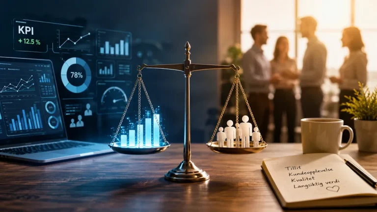 Balansevekt mellom KPI-er og data på den ene siden og mennesker og kundeopplevelse på den andre, som illustrerer balansen mellom måling og optimalisering i business.