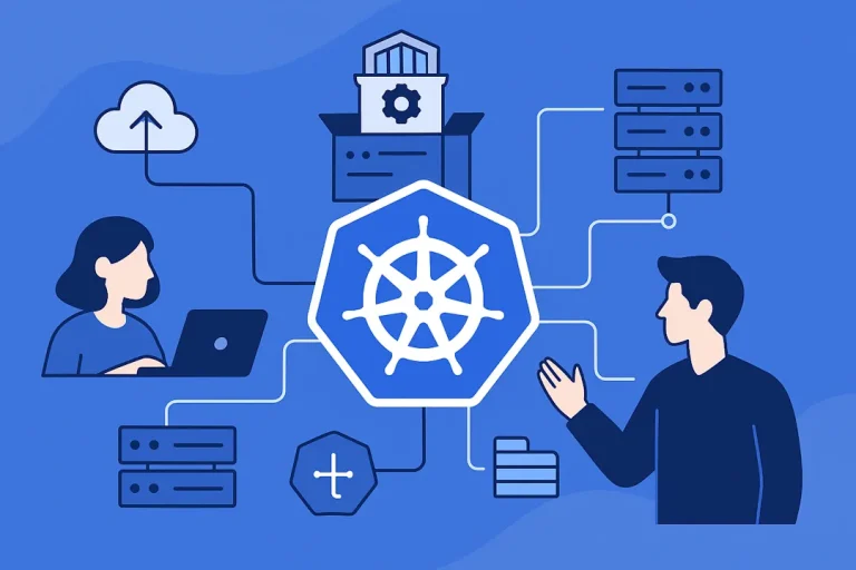 Illustrasjon i flat stil som viser Kubernetes-konseptet: containere og små tjenester representert som fargede bokser som styres av et sentralt kontrollsystem, symbolisert med noder og forbindelseslinjer i et sky- og servermiljø.