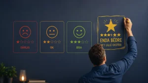 Person sett bakfra tegner et nytt og bedre vurderingsvalg med gul tusj ved siden av tre eksisterende kundeservicevurderinger merket «Dårlig», «OK» og «Bra». Det nye valget viser en stjerne og teksten «Enda bedre – det lille ekstra», og illustrerer kundeservice som overgår forventningene.