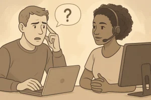 En illustrasjon i varme beige toner viser en kundeservicemedarbeider med hodesett som lytter rolig til en kunde foran en laptop. Kunden ser bekymret ut, med en tankeboble med et spørsmålstegn over hodet. Bildet symboliserer kommunikasjon, empati og problemløsning i kundeservice.
