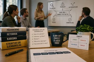 Møte med presentasjon av strukturert beslutningsmodell på tavle, med fokus på situasjon, problem, alternativer, risiko og anbefaling, samt elementer som SWOT-analyse og prosjektplan i forgrunnen
