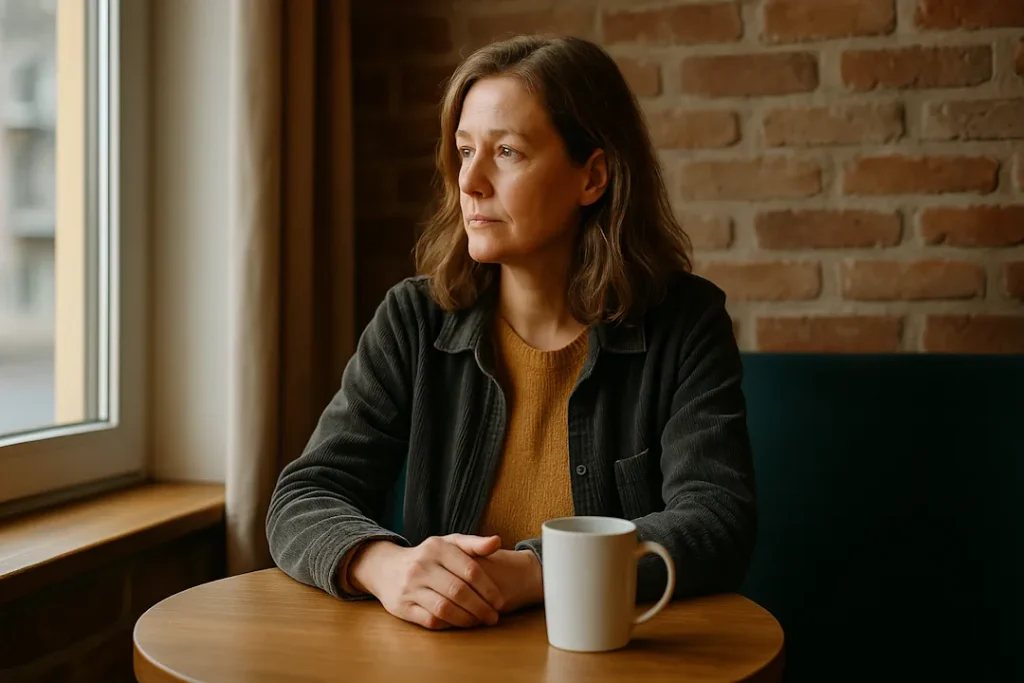 En kvinne i førtiårene sitter alene ved et trebord på en kafé og ser tankefullt ut av vinduet. Hun har brunt hår, en sennepsgul genser og en mørk jakke. Foran henne står en hvit kaffekopp, og det varme lyset fra vinduet gir bildet en rolig og ettertenksom stemning.