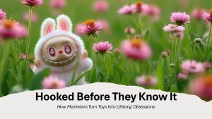 Labubu-dukke i kaninkostyme plassert blant rosa blomster på en eng, med teksten «Hooked Before They Know It – How Marketers Turn Toys Into Lifelong Obsessions» i forgrunnen.