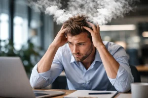 Person som sitter ved et skrivebord og holder seg i hodet, med synlig stress og damp som illustrerer oppdemmede tanker og indre press.