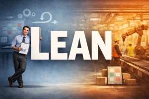 Illustrasjon av Lean-metodikk med fokus på effektivitet, verdiskaping og produksjonsflyt, inspirert av Toyota Production System.