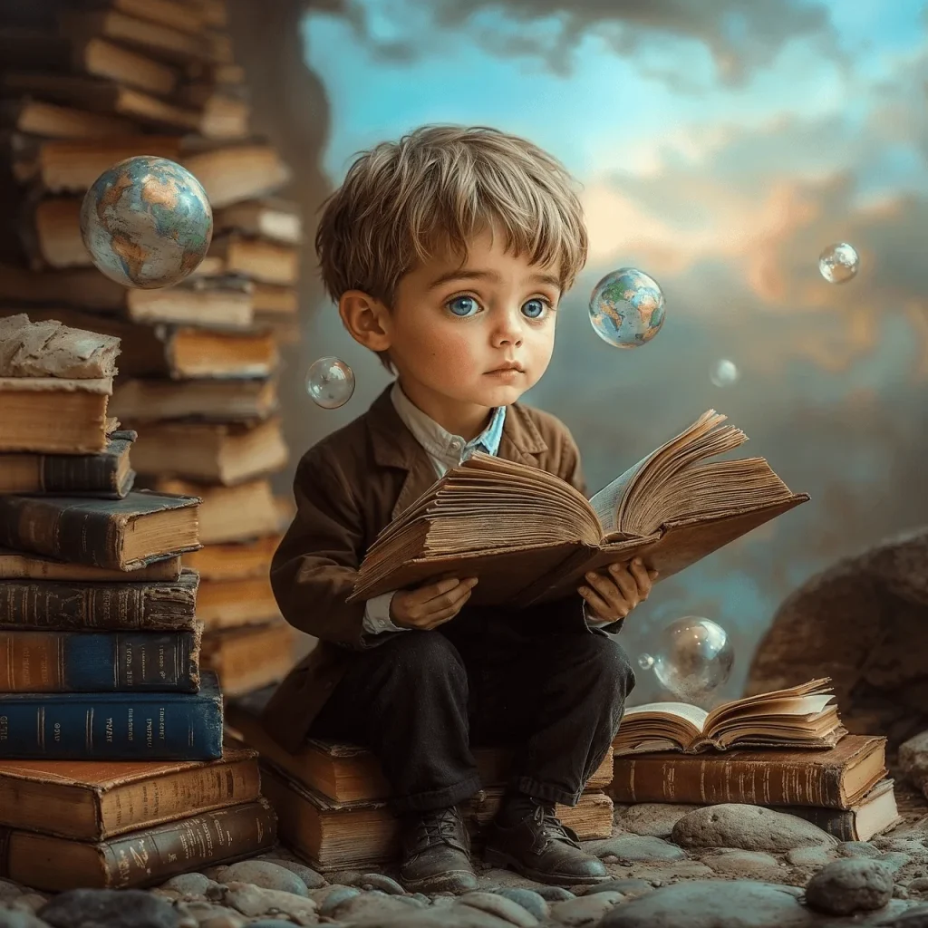 Illustration of a child reading a book surrounded by books and floating globes. A visual representation of curiosity, learning, and how knowledge builds upon previous experiences.