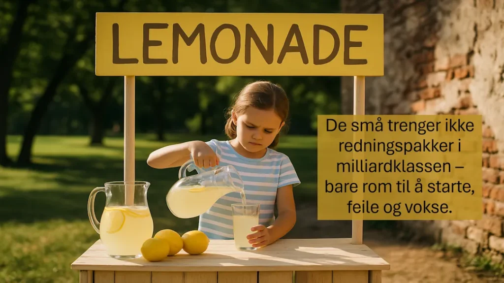 En ung jente står bak en liten lemonadebod i en park og heller saft i et glass. På skiltet over står det «LEMONADE». Ved siden av henne står et sitat: «De små trenger ikke redningspakker i milliardklassen – bare rom til å starte, feile og vokse.»