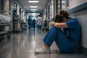 Sliten sykepleier sitter på gulvet i en sykehuskorridor med hodet hvilende på armene, mens kolleger beveger seg i bakgrunnen, et bilde som illustrerer press og belastning i helsevesenet.
