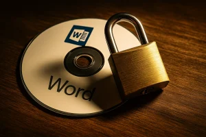 Illustrasjon av en Microsoft Word-plate låst med hengelås, som viser overgangen fra eierskap til programvare til dagens abonnementsmodeller.