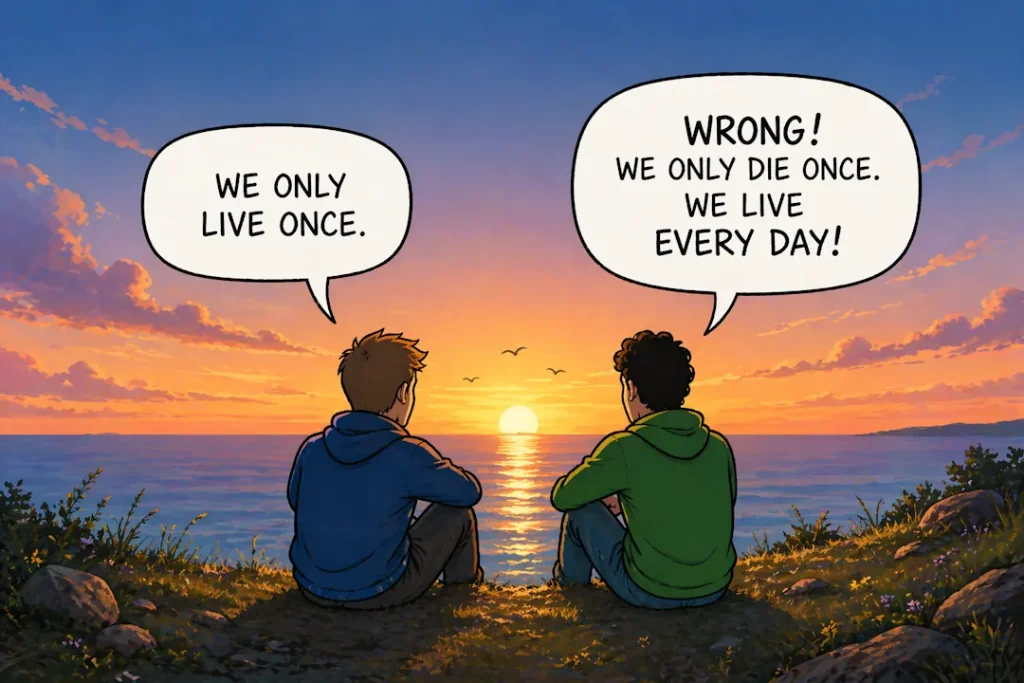 Illustrasjon av to personer som sitter på en klippe og ser på solnedgangen over havet. Den ene sier «We only live once», mens den andre svarer «Wrong! We only die once. We live every day!». Bildet formidler et budskap om å verdsette livet og leve fullt ut hver dag.