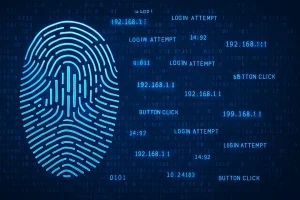 Digital illustrasjon av et blått fingeravtrykk omgitt av binærkode og tekniske termer som IP-adresser, "LOGIN ATTEMPT" og "BUTTON CLICK", som symboliserer logging av brukeratferd og digitale spor i IT-systemer.