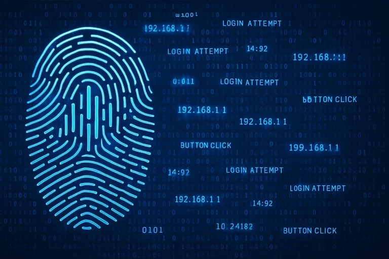 Digital illustrasjon av et blått fingeravtrykk omgitt av binærkode og tekniske termer som IP-adresser, "LOGIN ATTEMPT" og "BUTTON CLICK", som symboliserer logging av brukeratferd og digitale spor i IT-systemer.