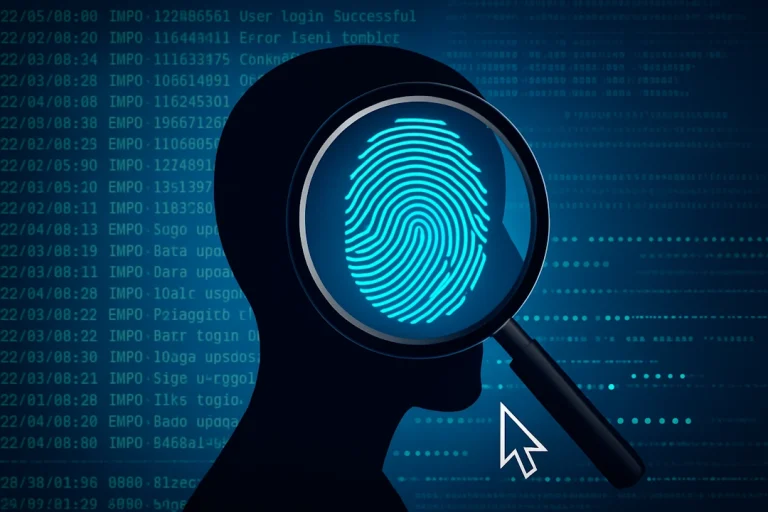 Silhuett av et menneskehode med et forstørrelsesglass som avslører et digitalt fingeravtrykk, omgitt av kodelinjer og systemlogger – en visuell fremstilling av overvåking, logging og personvern i digitale systemer.