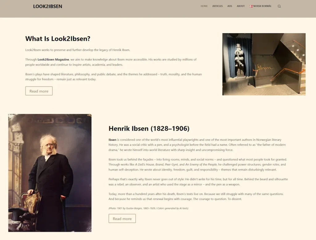 Skjermbilde av nettstedet Look2Ibsen, som presenterer informasjon om Henrik Ibsen og hans arv. Siden har overskriften "What is Look2Ibsen?" med introduksjonstekst, bilder av Ibsen og en statue, samt seksjon med biografi om Henrik Ibsen (1828–1906).