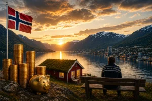 Illustrasjon av norsk fjordlandskap ved solnedgang med person på benk, kombinert med symboler på rikdom som penger og sparegris, som viser kontrasten mellom økonomisk velstand og livskvalitet.