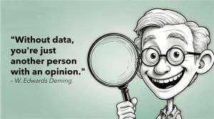 Tegnet figur av en smilende mann med briller som holder et forstørrelsesglass. Til venstre står sitatet: 'Without data, you're just another person with an opinion.' – W. Edwards Deming. Illustrasjonen understreker viktigheten av datagrunnlag i beslutninger.