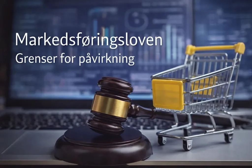 Illustrasjon som symboliserer markedsføringsloven, med dommerhammer og handlevogn foran en digital skjerm med analyser og statistikk.