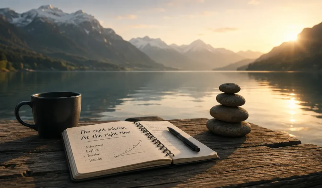 Open notebook with handwritten notes about decision-making and sales strategy on a wooden dock beside a calm mountain lake at sunrise. A coffee mug, pen, and stacked stones sit in the foreground, symbolizing reflection, patience, and the importance of choosing the right solution at the right time.