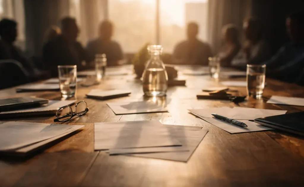 Et mørkt møterom med et langt bord sett ovenfra, der den ene halvdelen av bordet er tom og svakt belyst, mens den andre halvdelen er opplyst med papirer og dokumenter, som symboliserer en beslutning som allerede er tatt før dialogen begynner.