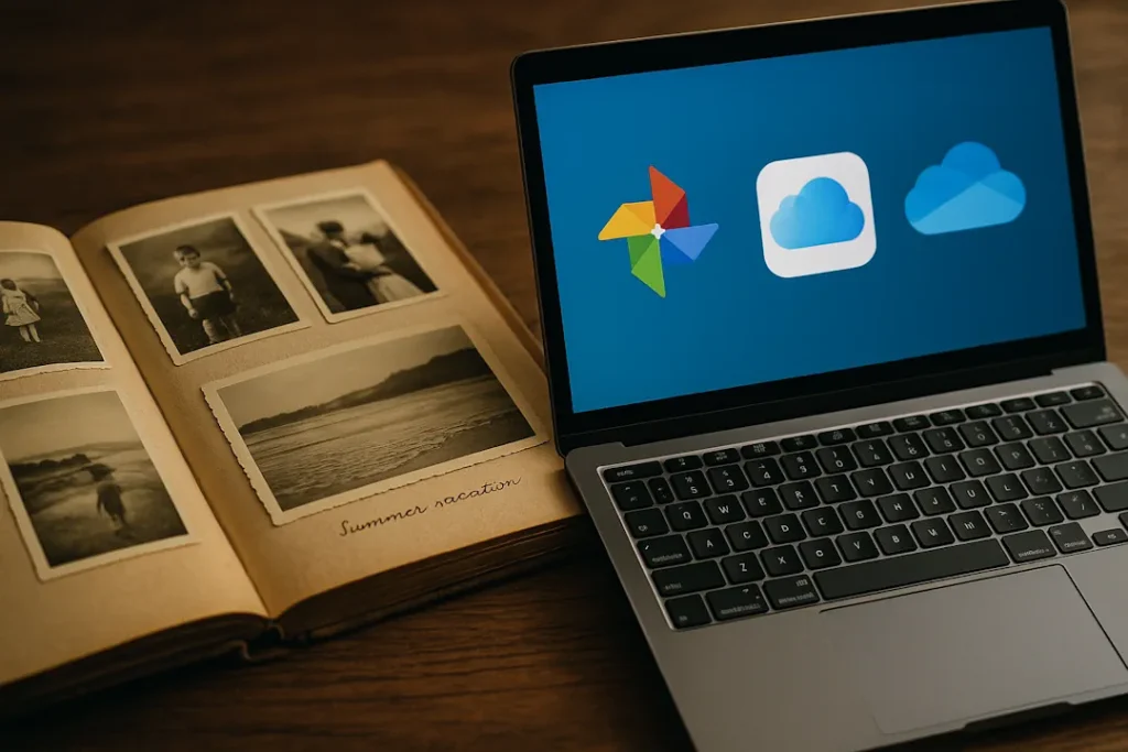 Et gammelt fotoalbum med sort-hvite bilder ligger åpent ved siden av en moderne bærbar PC som viser ikoner for Google Photos, iCloud og OneDrive på skjermen. Bildet symboliserer kontrasten mellom fysiske minner og digital skylagring.
