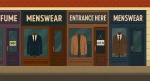 Illustration of five storefronts in a row, including a perfume shop, three men's clothing stores (two labeled "Men's Wear" and one with a sign saying "Entrance Here"), and a toy store. Each shop has a unique sign design, mannequins or product displays in the windows, and doors marked "Open".